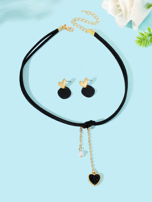 Black Heart Pendant Layered Necklace Earrings Set Elegant Jewelry Ensemble Gift-1