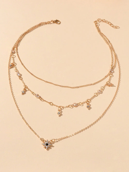 Awesome Teens Jewellery Gift Gold Layered Chain Rhinestone Flower Charm Necklace-1