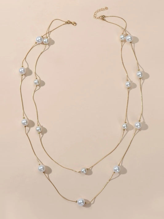 Double Layer Pearl Decor Gold Silver Chain Long Necklace Fashion Accessories-1