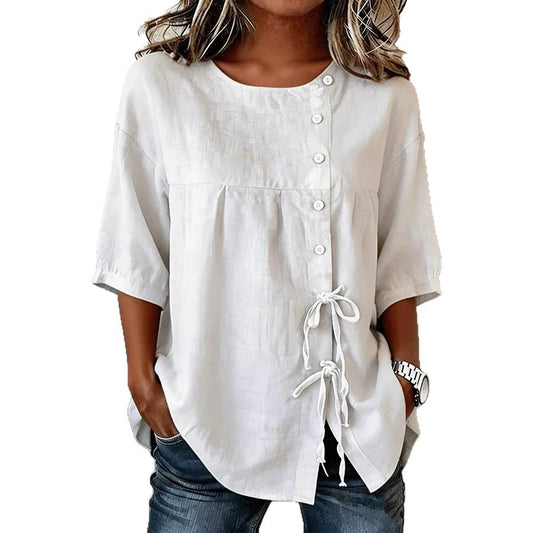 Style Shirt with Tie and Button Closure, Round Neck, Mid-Sleeve Top