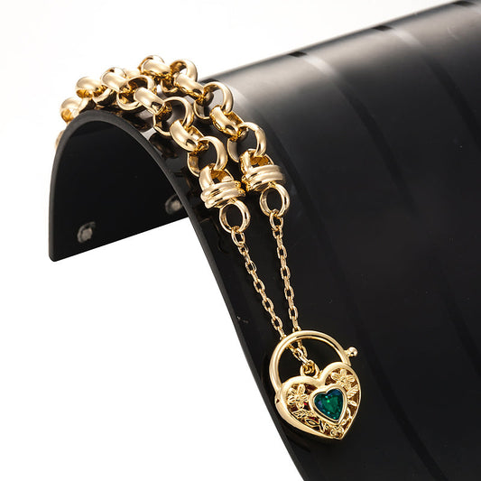 18ct Heavy Yellow Gold Plated 10mm Belcher Chain Bracelet with a Green Filigree Locket - USA Made