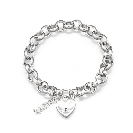 925 Sterling Silver Plated 10mm Belcher Chain Bracelet with a Small Plain Heart Locket - USA Made