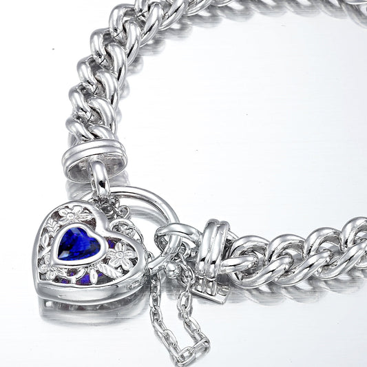925 Sterling Silver Plated Euro Chain Bracelet with a Dark Blue Filigree Locket - USA Made