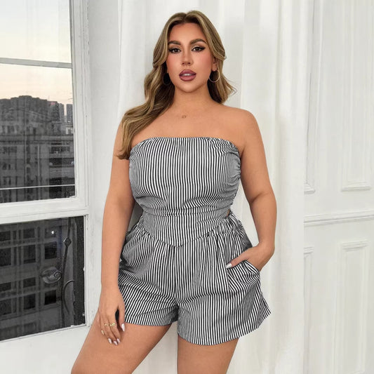 New Women's Sexy Striped Crop Top and Shorts Two-piece Set