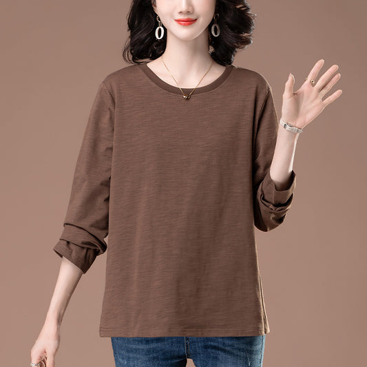 Solid color round neck long sleeved loose T-shirt