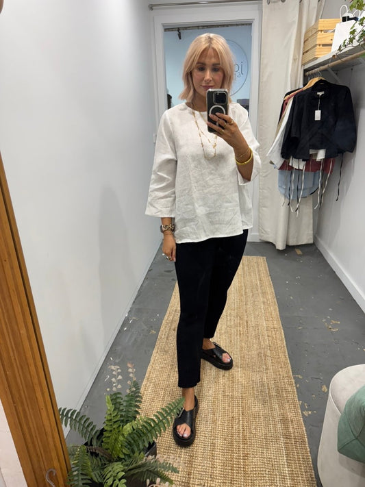 Linen Long Sleeve Top in White