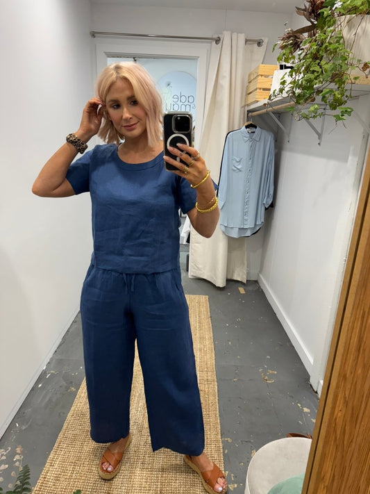 Navy Linen Tee & Wide Leg Pant Set
