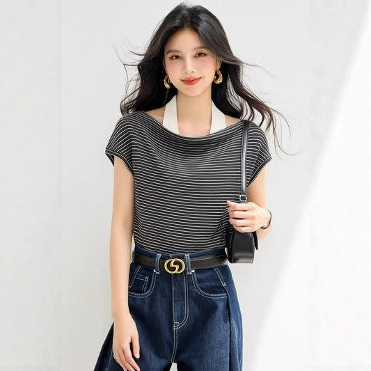 Casual Striped Short Sleeve Off - Shoulder Halter Neck Fitted Women's Top - UrbanNest Co