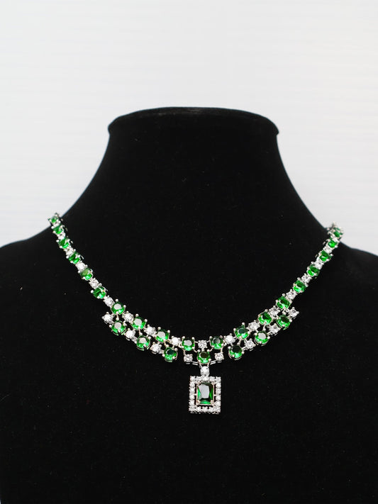 Silver Plated Green AD Necklace Set - UrbanNest Co