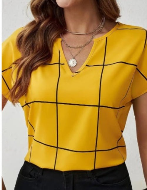 Plaid Print Notched Neck Blouse, Casual Short Sleeve Blouse For Spring - UrbanNest Co