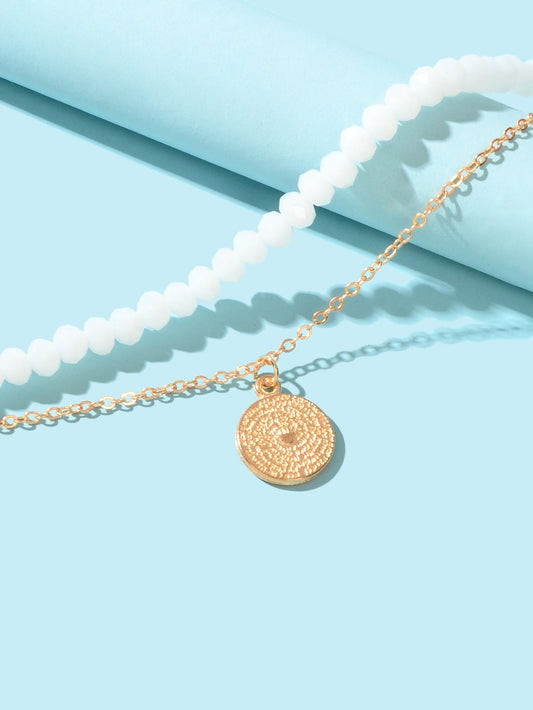 Layered Foot Chain White Beaded Gold Disc Charm Anklet Accessories Foot Jeweller - UrbanNest Co