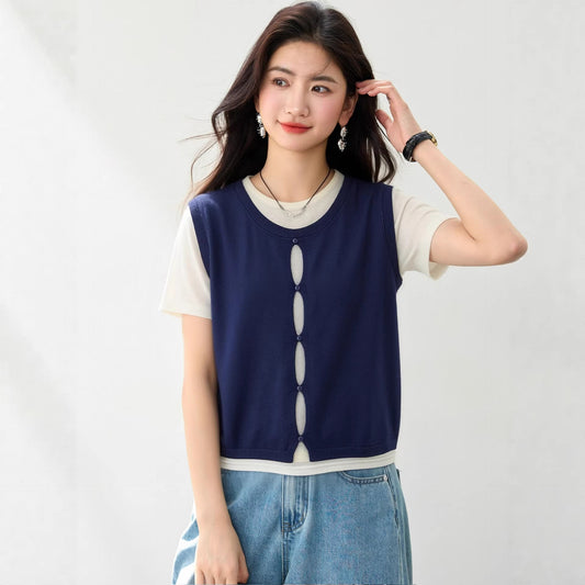 Simple Two - Piece Short Sleeve Top for WomenColor - Block Knit T-Shirt with Unique Design and Elegant Style - UrbanNest Co