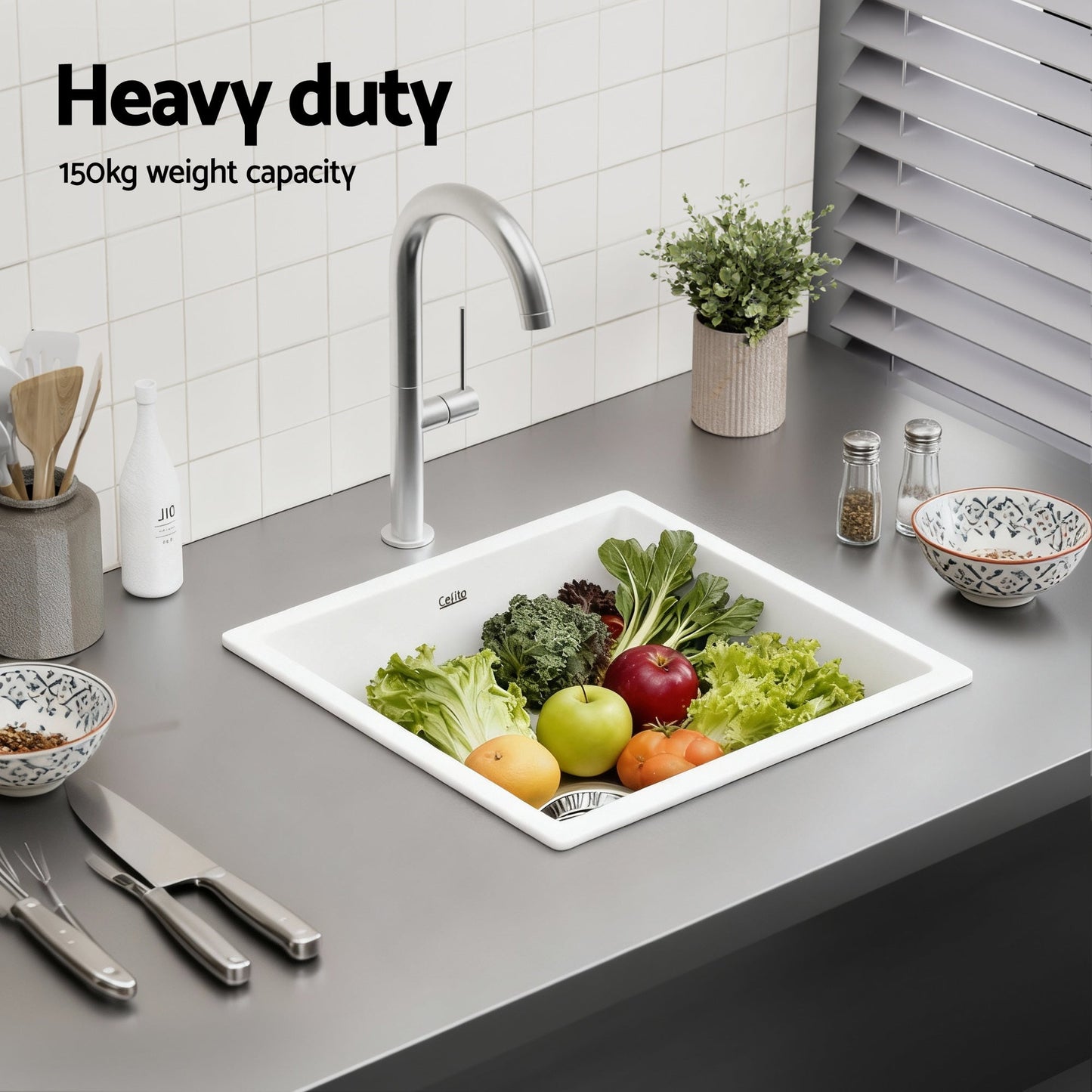 Cefito Kitchen Sink 45x45cm Granite Stone Sink Single Bowl White - UrbanNest Co