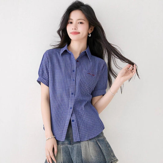 Blue and White Checkered Short Sleeve Shirt for WomenDesign Sense Versatile Casual Top - UrbanNest Co