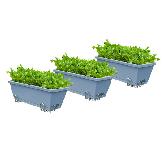 NNEAGS 49.5cm Blue Rectangular Planter Vegetable Herb Flower Outdoor Plastic Box with Holder Balcony Garden Decor Set of 3 - UrbanNest Co