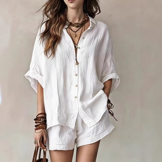 Women's wear 2026 solid color loose button - down shirt and shorts casual - UrbanNest Co