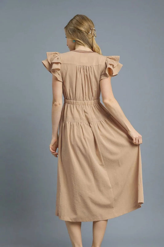 Umgee Ruffled Cap Sleeve Midi Dress with Contrast Trim Detail - UrbanNest Co