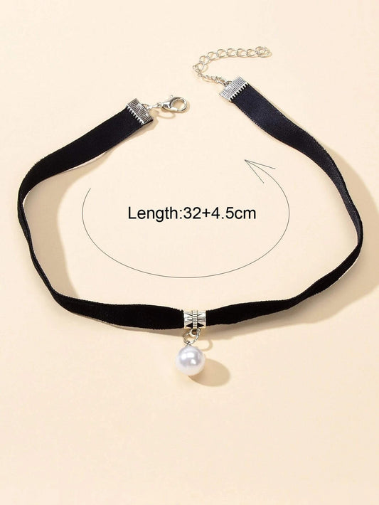 Black Velvet Pearl Decoration Charm Gothic 90s Tattoo Choker Punk Retro Necklace - UrbanNest Co