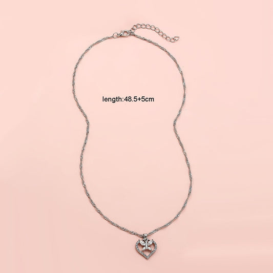 Anniversary Jewelry Silver Chain Full Rhinestone Butterfly Heart Charm Necklace - UrbanNest Co