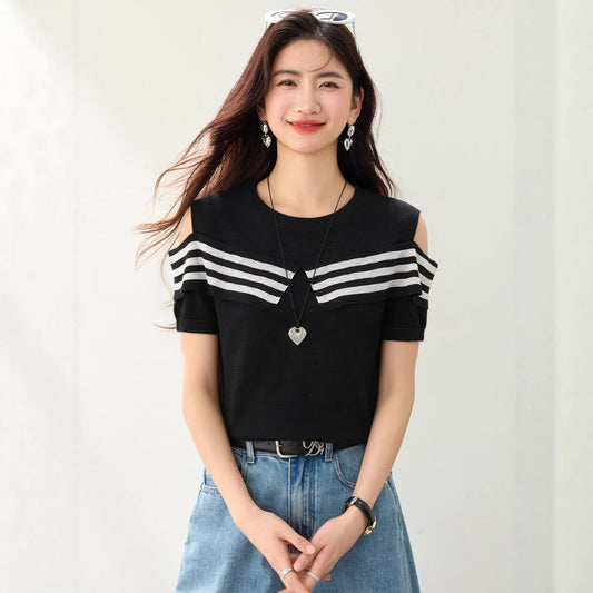 Shoulder - Baring Color - Blocking Stripe Design Short Sleeve Knit Top for Women, Slim - Fitting Chic Streetwear Style - UrbanNest Co