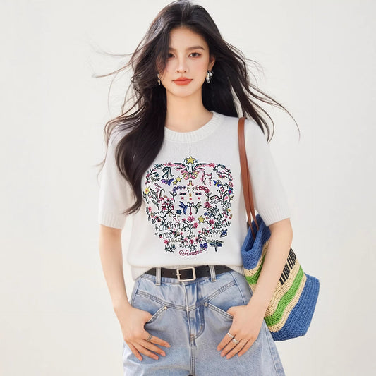 Chic Embroidered Short Sleeve Knit Top for Women, Summer Fashion Stylish Elegant Casual Simple Blouse - UrbanNest Co