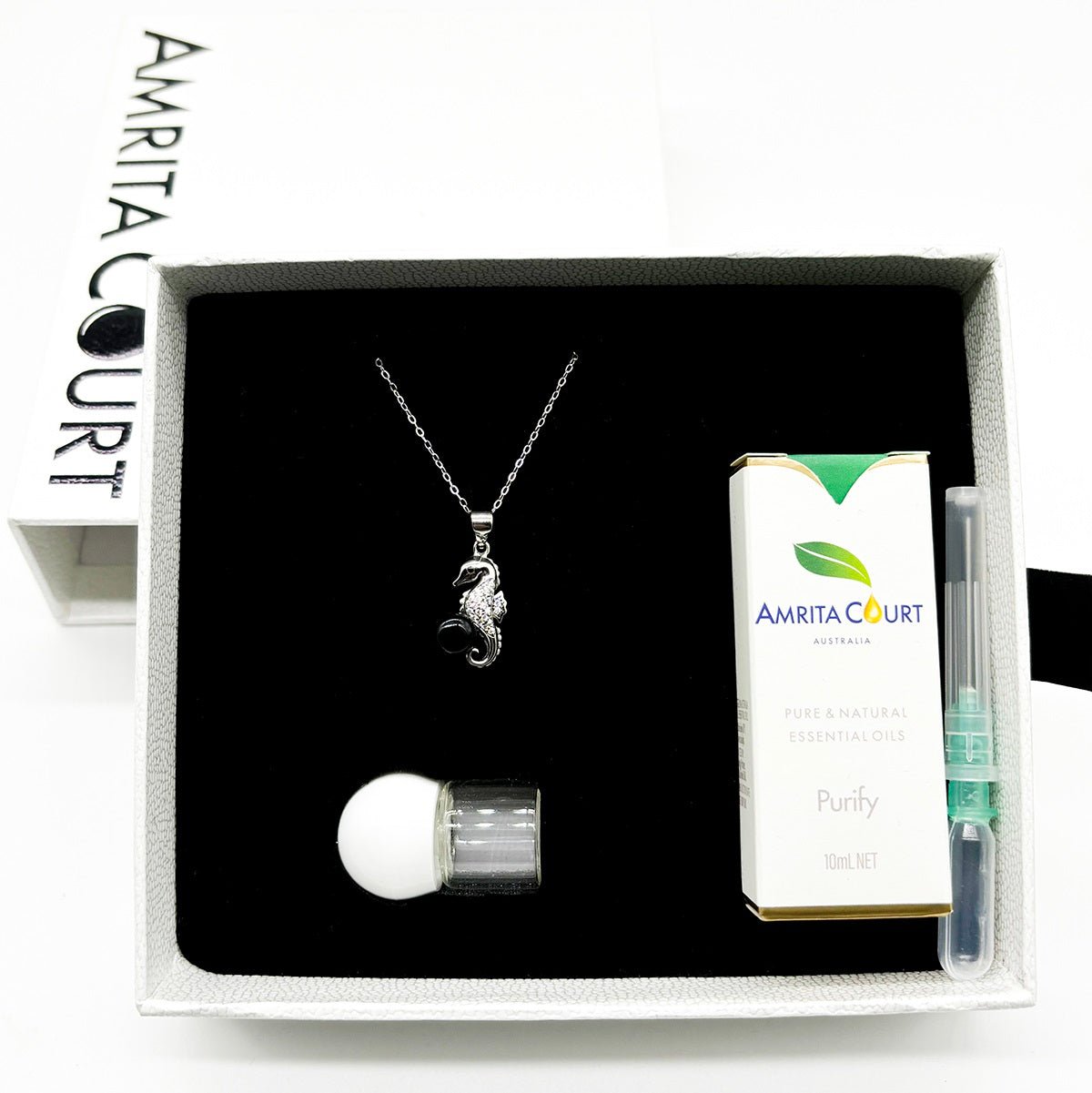Sterling Silver Sea Horse Aroma Necklace - Black | Energy & Healing | Diffuse on the go - UrbanNest Co
