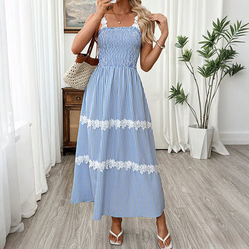 Long Halter Dress Women Summer Elegant Backless Stitching Lace Lace - UrbanNest Co