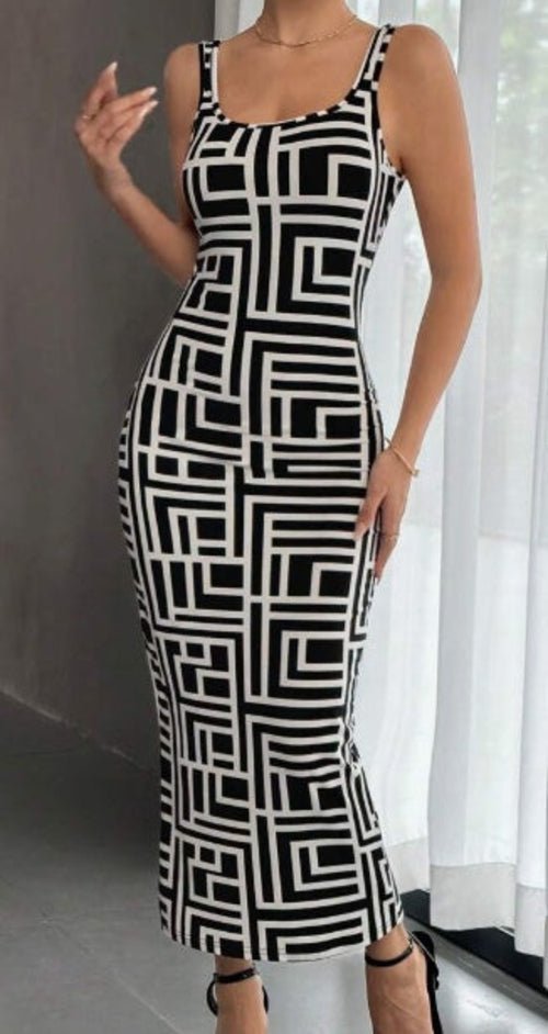 Allover Geo Print Tank Bodycon Dress - UrbanNest Co