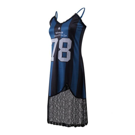 Blue and Black Striped Lace Spliced Strap Dress Slimming Mid - Length Dress - UrbanNest Co