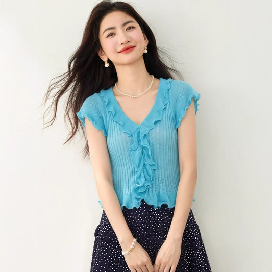 Chic V - Neck Ruffle Short Sleeve Knit Top for Women, Fitted Cropped High - Waisted T-Shirt, Summer New Style - UrbanNest Co