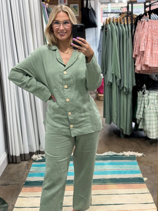 Linen Pyjama - Classic Set in Pistachio - UrbanNest Co