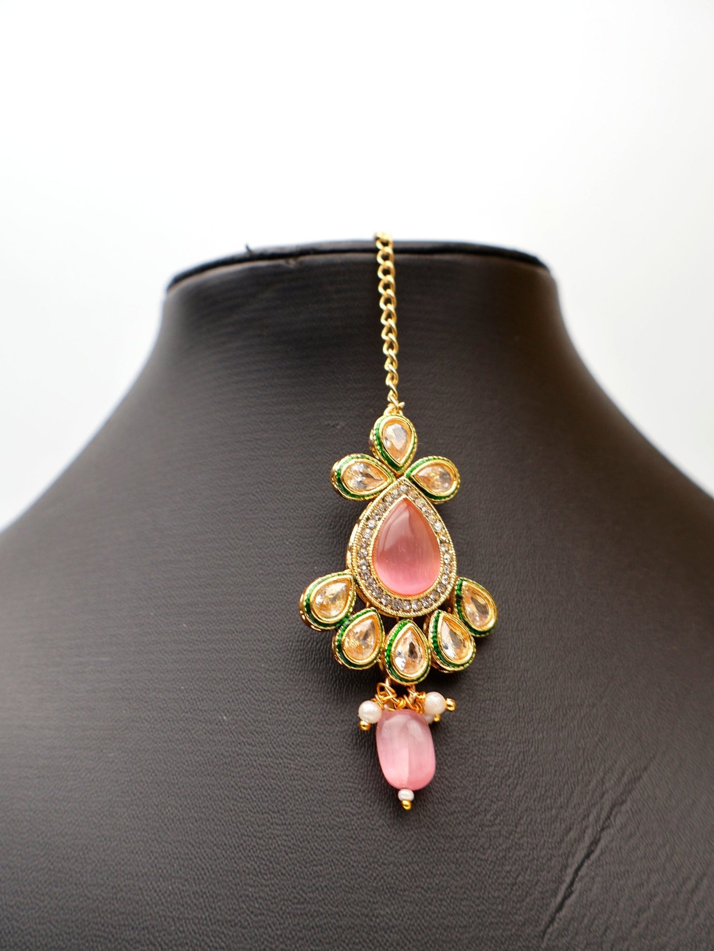 Polki and Pink Monalisa Stone Necklace with Earrings & Mang Tkka - UrbanNest Co