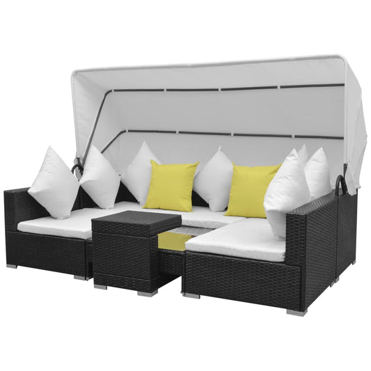 NNEVL 7 Piece Garden Lounge Set with Canopy Poly Rattan Black - UrbanNest Co