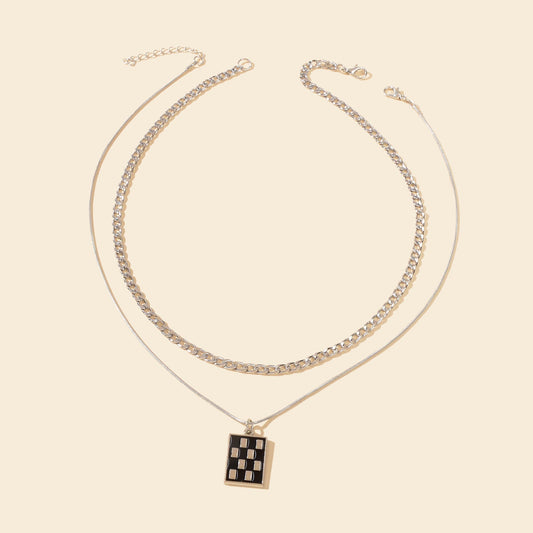 Street Double Layer Silvery Chain Black Silver Checkered Rectangle Geometric Pendant Necklace School Daily Accessory - UrbanNest Co