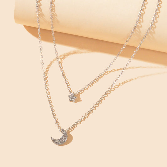 Dainty Silvery Layered Chain Rhinestone Decor Moon Star Pendant Necklace Women Daily Dating Birthday Gift Jewelry - UrbanNest Co
