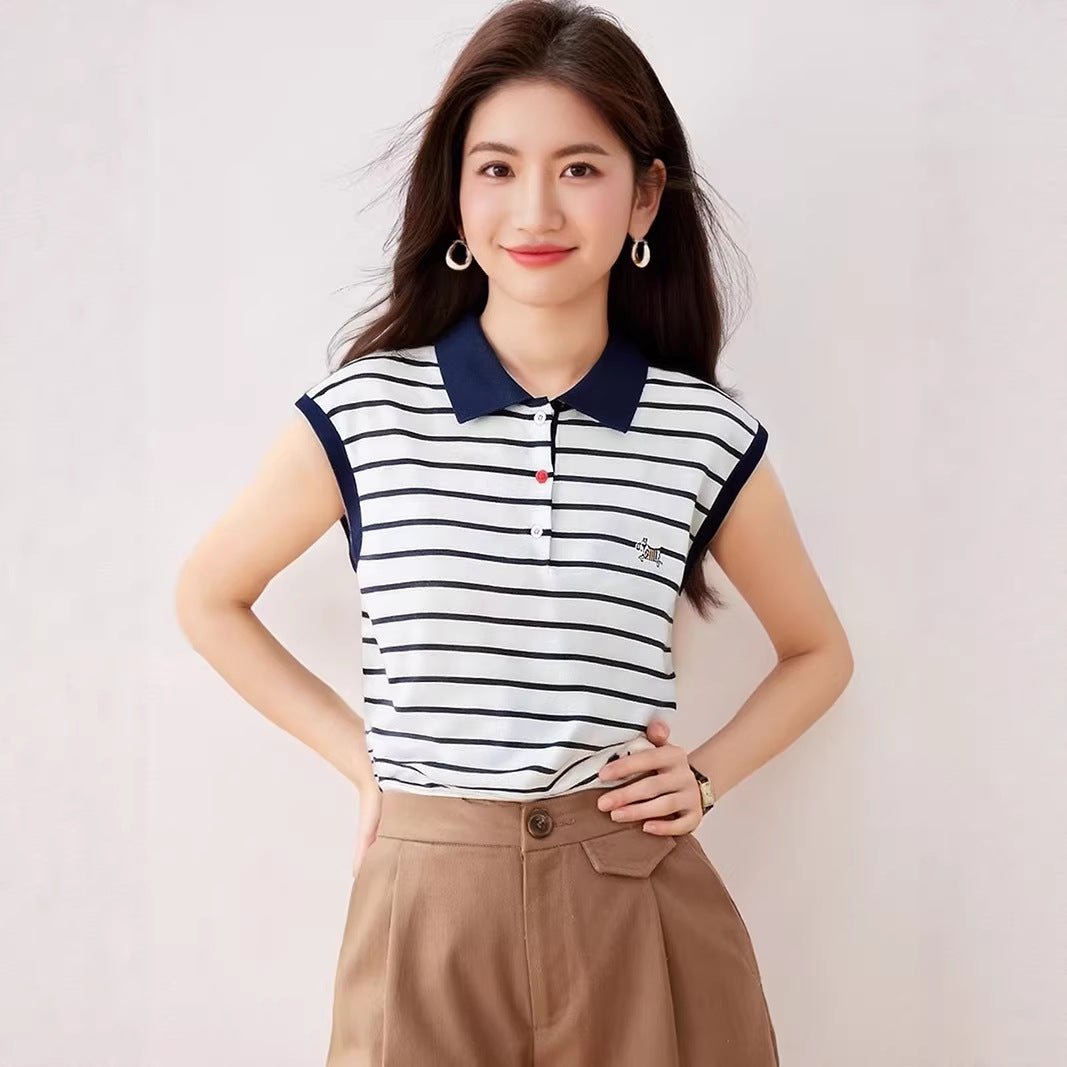 Light Luxury Retro Stripe Short Sleeve T-Shirt for Women, Summer Slim Fit Loose Embroidered Top Fashion - UrbanNest Co