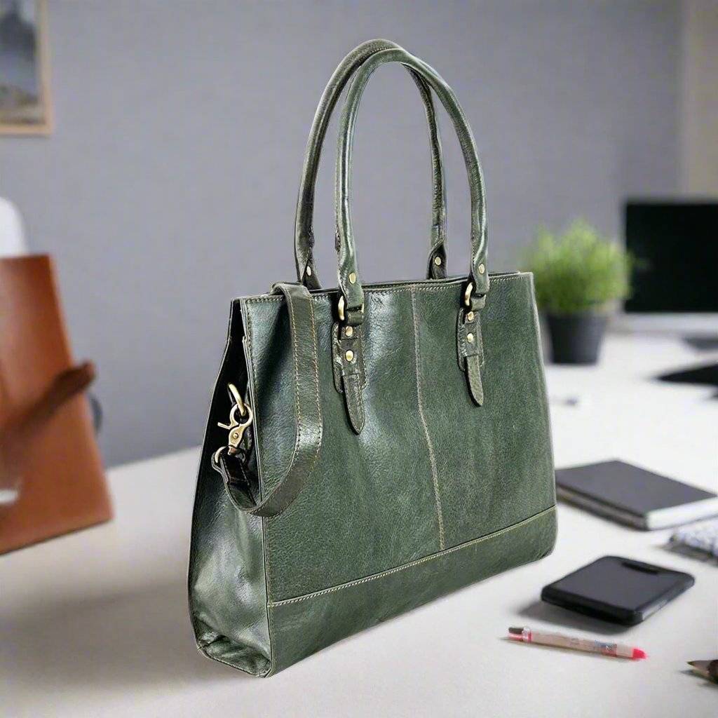 The Signature 17" Leather Laptop Bag, Olive Green - UrbanNest Co