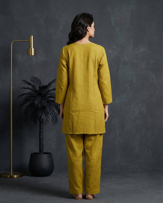Mustard Green Floral Embroidered Kurta with Palazzo Set | Sequin & Pearl Work - UrbanNest Co