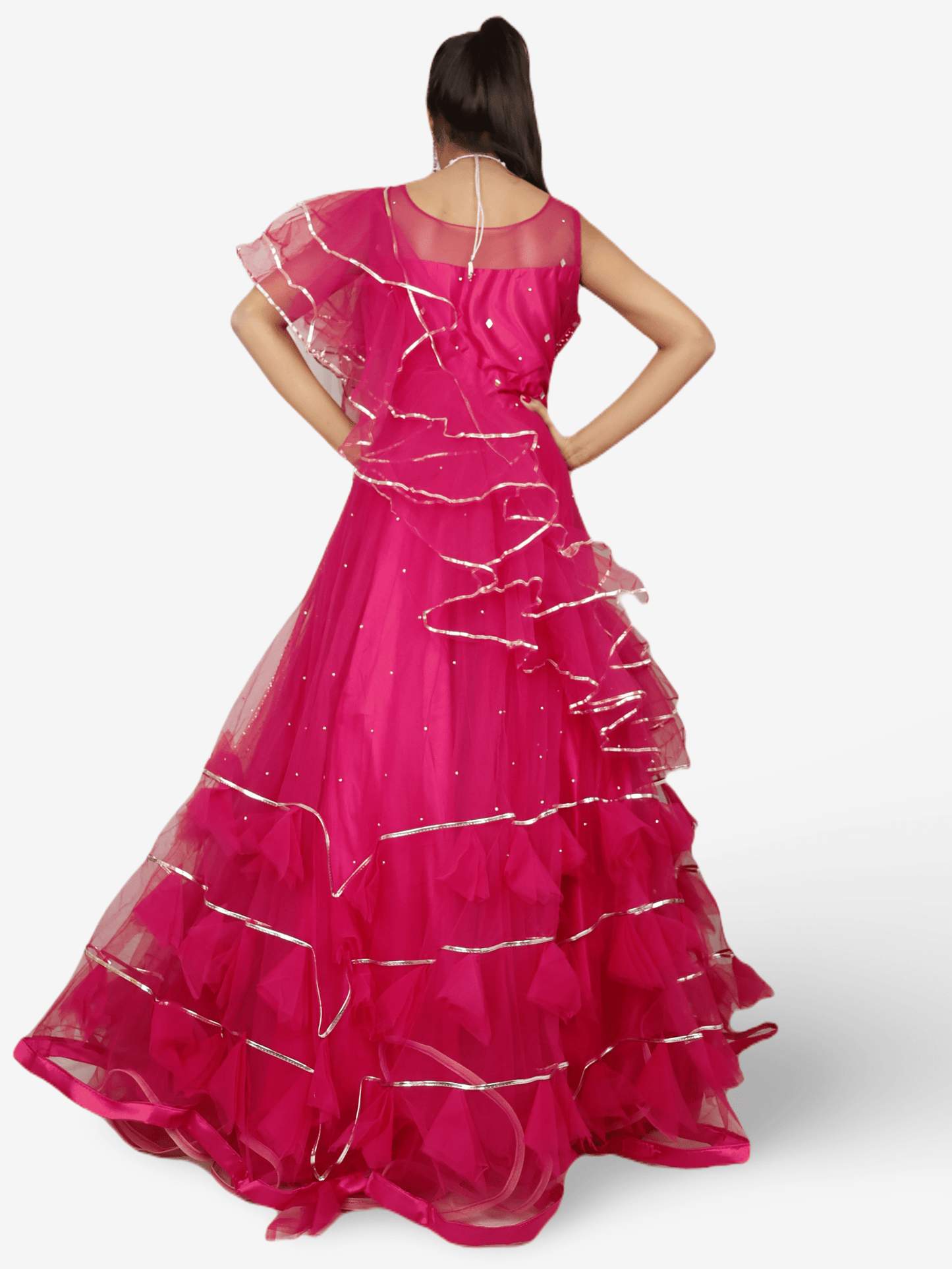 Magenta Pink Flare Gown Stone with Mirror Work for Women by Shreekama - UrbanNest Co