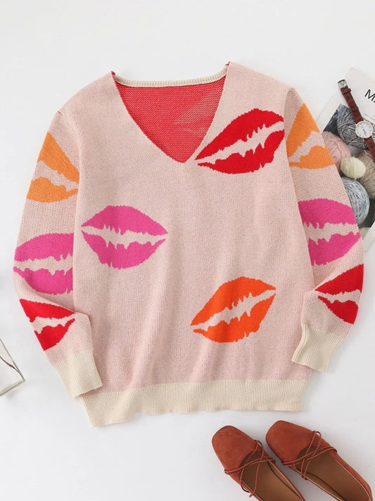 Colorful Lips V - Neck Sweater - UrbanNest Co