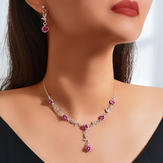 Jewellery set Silvery Chain Pink Flower Pendant Necklace Dangle Earrings - UrbanNest Co