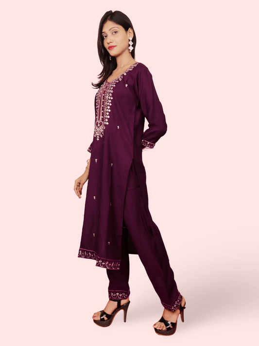 Rayon - Cotton Embroidered Straight Kurti with Pant and Dupatta - UrbanNest Co