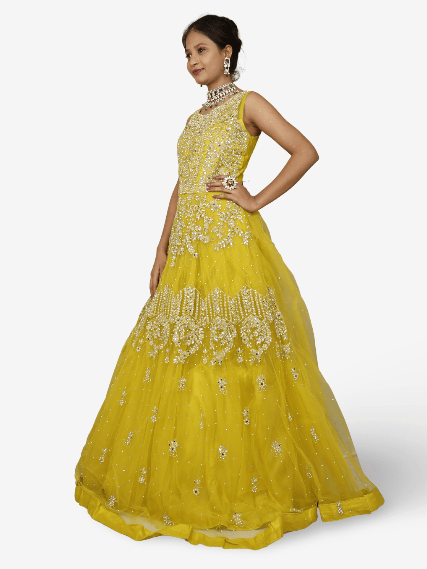 Lemon yellow gown with mirror and pearl work to soft net fabric for women by Shreekama - UrbanNest Co