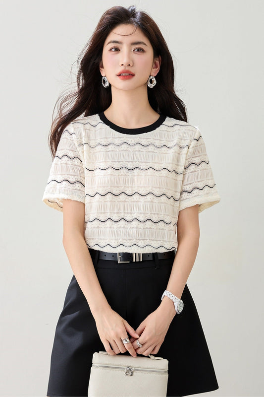 Chic Wave Stripe Lace T-Shirt for Women, Plus Size Loose Fit Short Sleeve,Summer Top - UrbanNest Co
