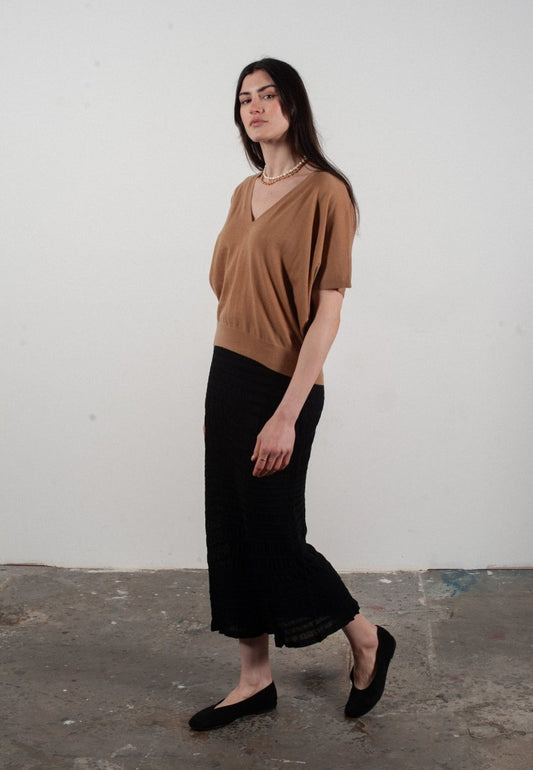 Pull col V Γ manches chauve souris femme en cachemire & laine ultrafin camel - KELLY 6 - UrbanNest Co