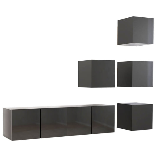 NNEVL 6 Piece TV Cabinet Set High Gloss Grey Chipboard - UrbanNest Co