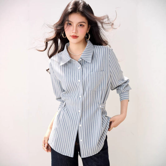 Blue Striped Polo Neck Shirt for Women Long Sleeve, Casual Design - UrbanNest Co
