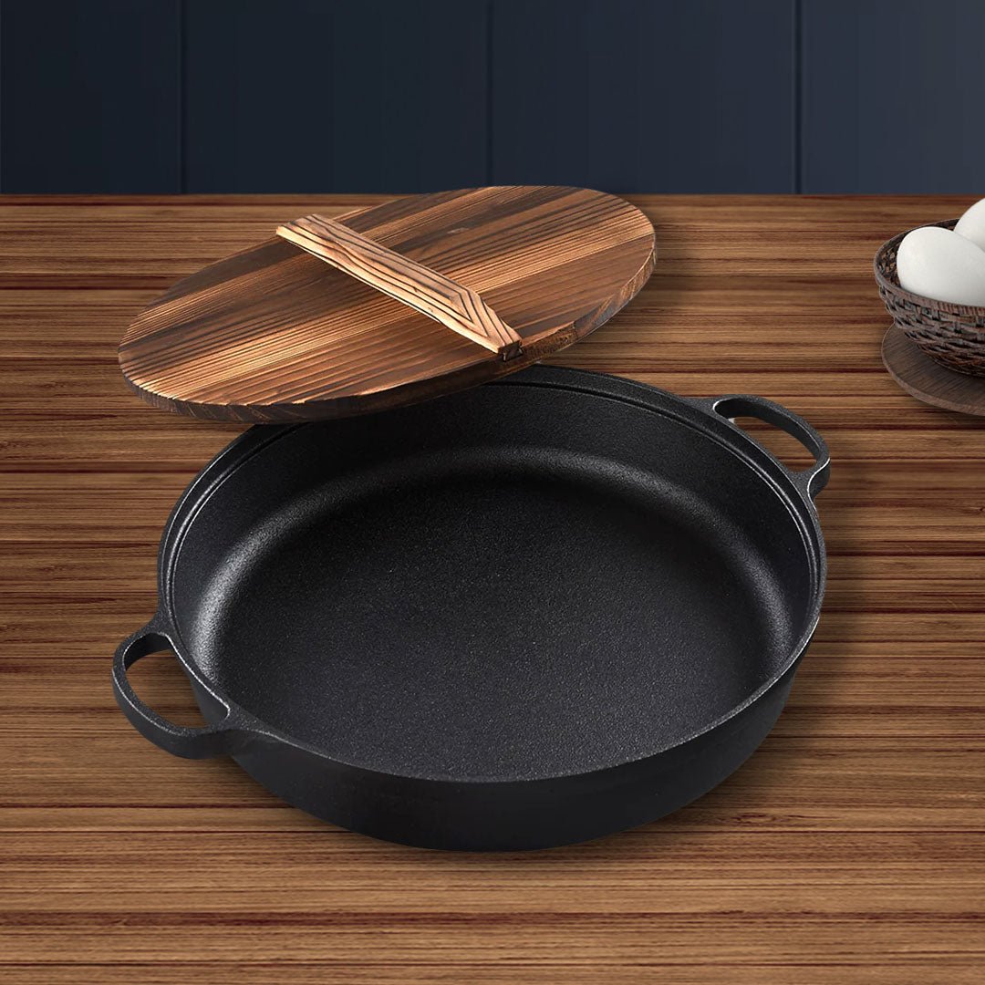 SOGA 2X 31cm Round Cast Iron Pre - seasoned Deep Baking Pizza Frying Pan Skillet with Wooden Lid - UrbanNest Co