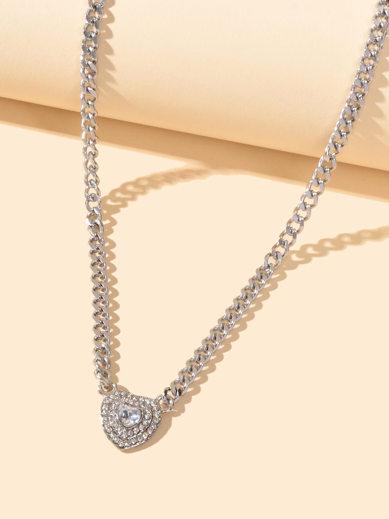 Textured Jewellery Silver Chain Full Rhinestone Heart Pendant Necklace Jewellery - UrbanNest Co