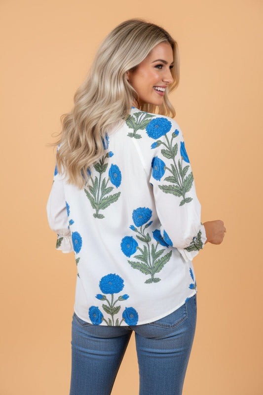 Flower Contrast V - Neck 3/4 Sleeve Blouse - UrbanNest Co